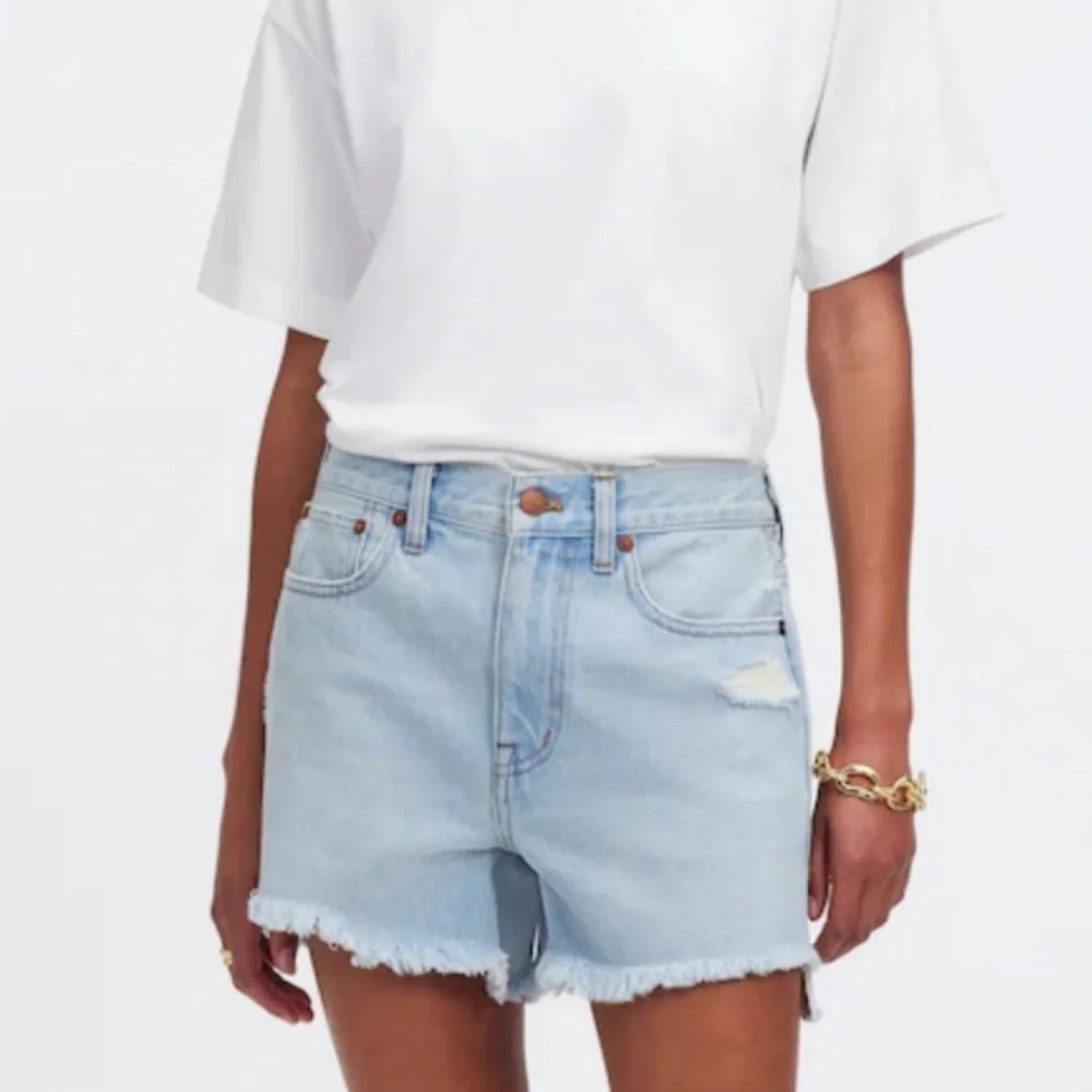 Madewell Light Blue Distressed Denim Mid Length Shorts - Picture 1 of 8